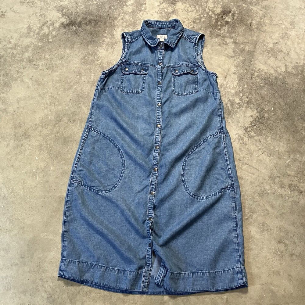 J. Jill Dress‎ Womens xs Denim Chambray Sleeveless Snap Up Shift Pockets